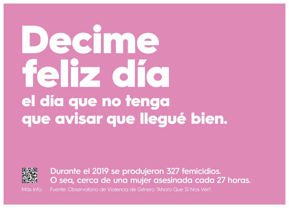 Portada de “Decime feliz día el día que no tenga que avisar que llegué bien”, la campaña de Blasfemia para el #8M