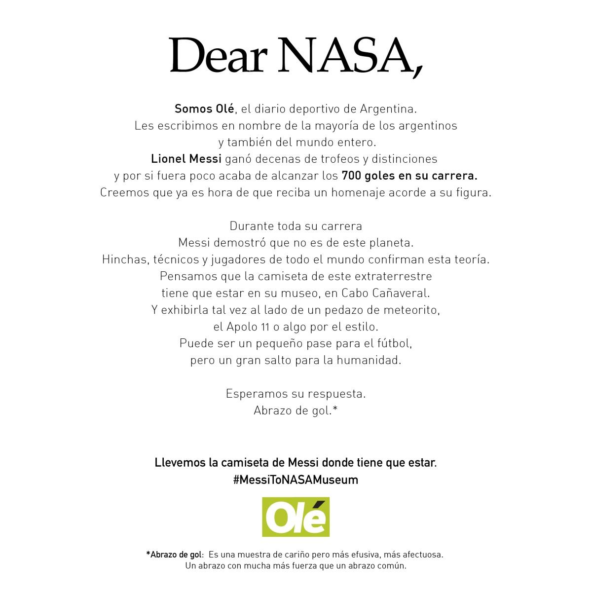Portada de “Dear NASA”, lo nuevo de VMLY&R para Diario Olé