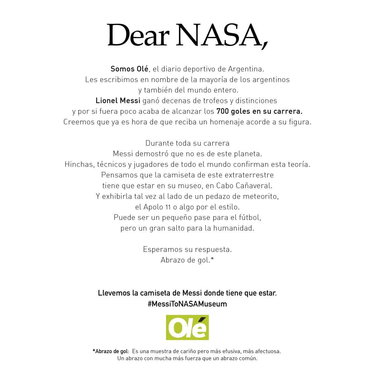 Portada de “Dear NASA”, lo nuevo de VMLY&R para Diario Olé